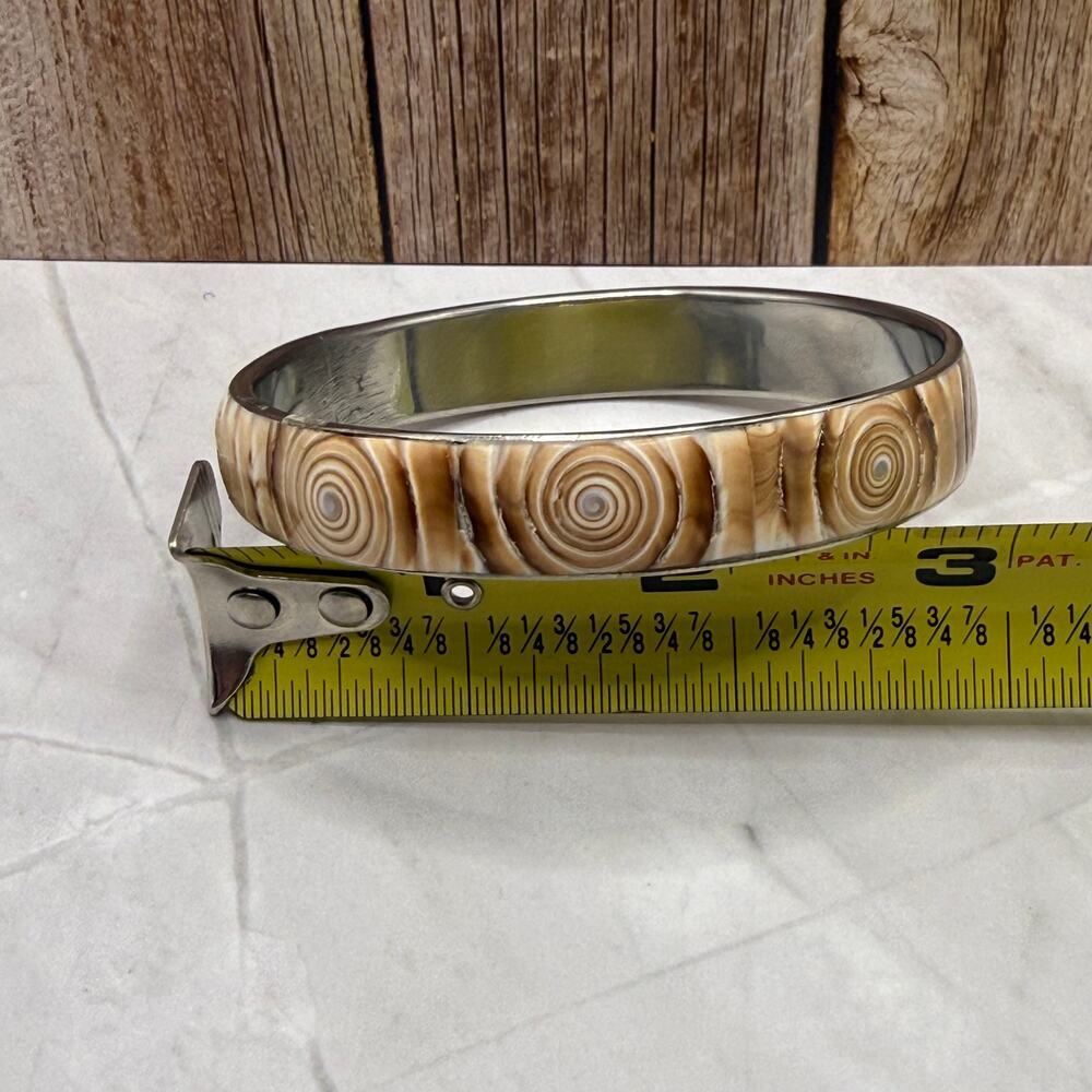 Vintage Silver Tone Brown Spiral Woodgrain Inlay Bangle Bracelet